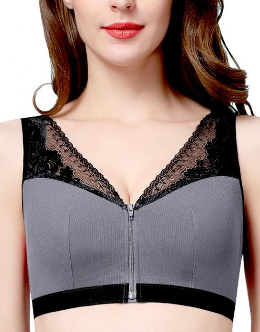 RIBBED FABRIC FRONT ZIPPER POST SURGICAL BRA WITH POCKETS-GREY – Losha