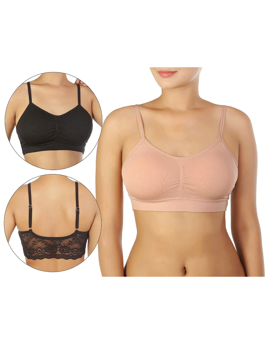 Padded Comfort Bras with Lace Back Straps and Removable Pads-2-Pack