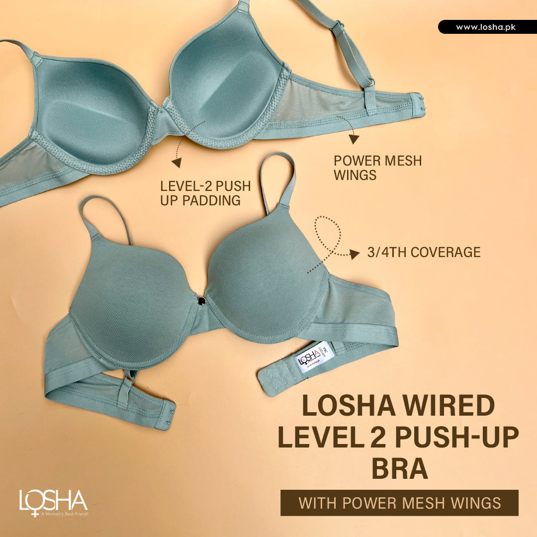 LOSHA WIRED LEVEL 2 PUSH-UP BRA WITH POWER MESH WINGS -BLUE SURF – Losha