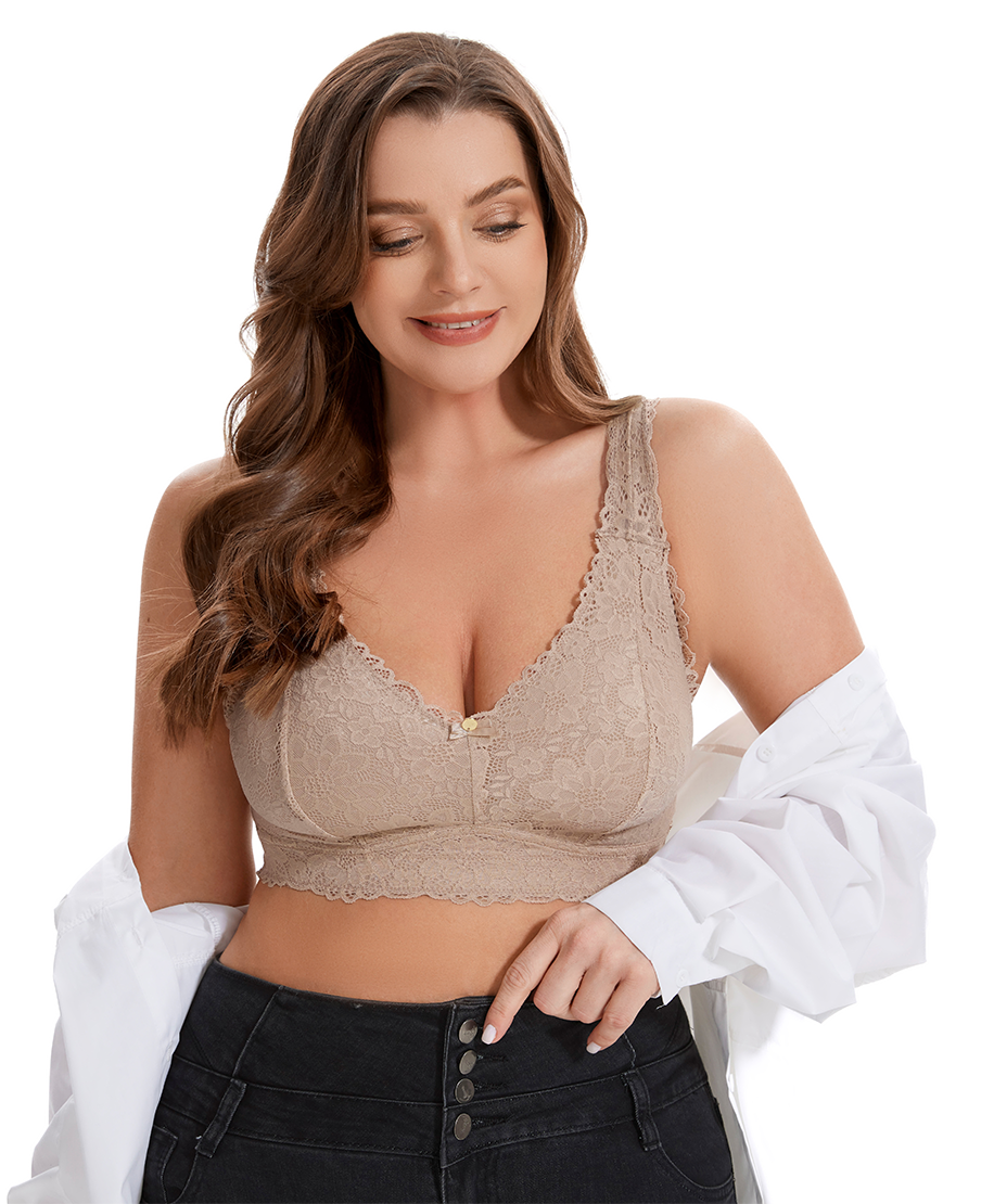 Curvy Double Layered All over Lace Bralette-BEIGE