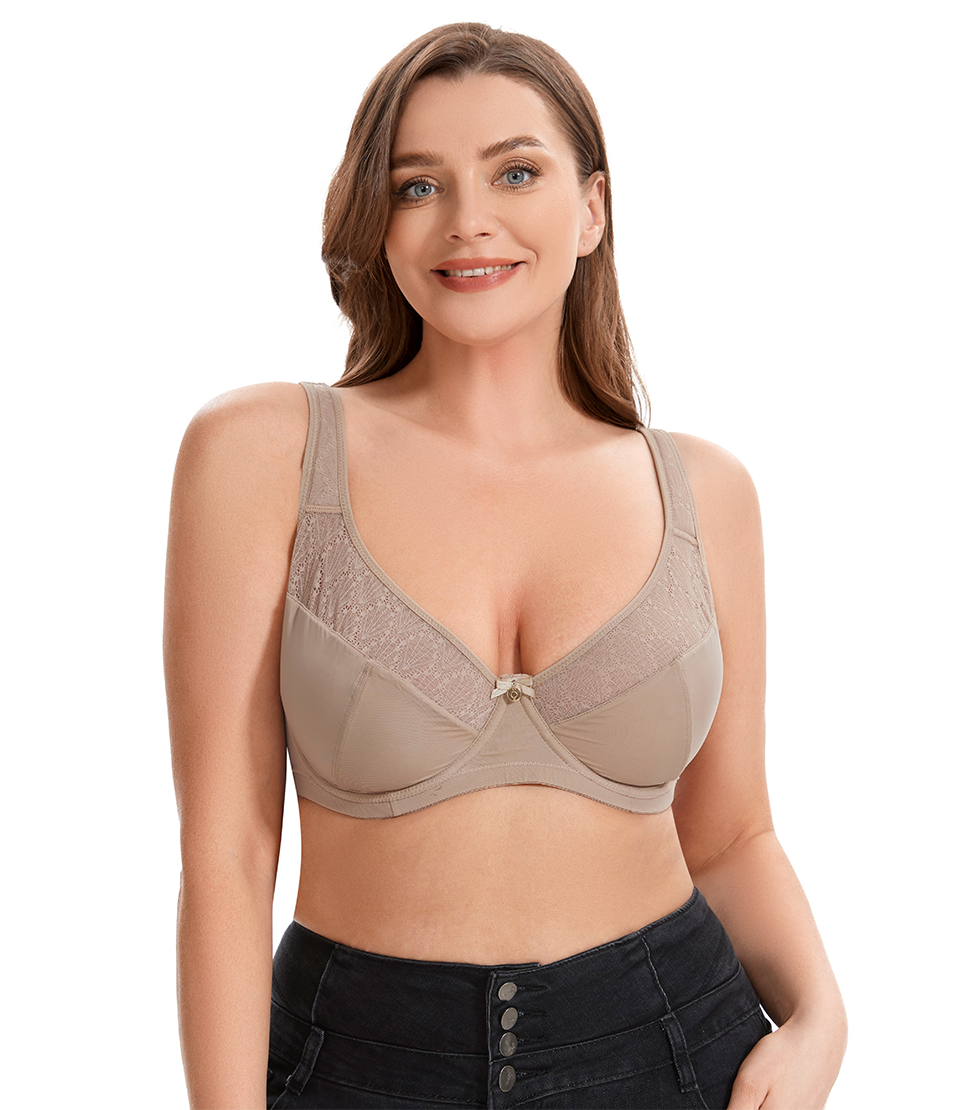 Curvy Double Layered Minimizer Bra with Lace Touch-BEIGE