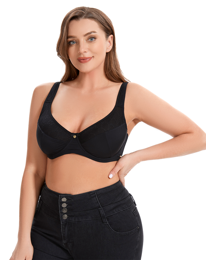 Curvy Double Layered Minimizer Bra with Lace Touch-BLACK