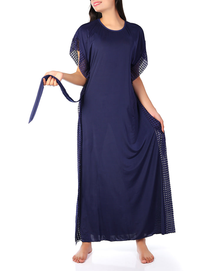 2 PIECE ROUND NECK SIDE LACE LONG NIGHTY -NAVY