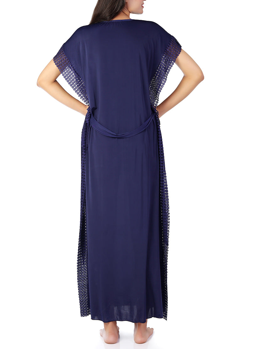 2 PIECE ROUND NECK SIDE LACE LONG NIGHTY -NAVY