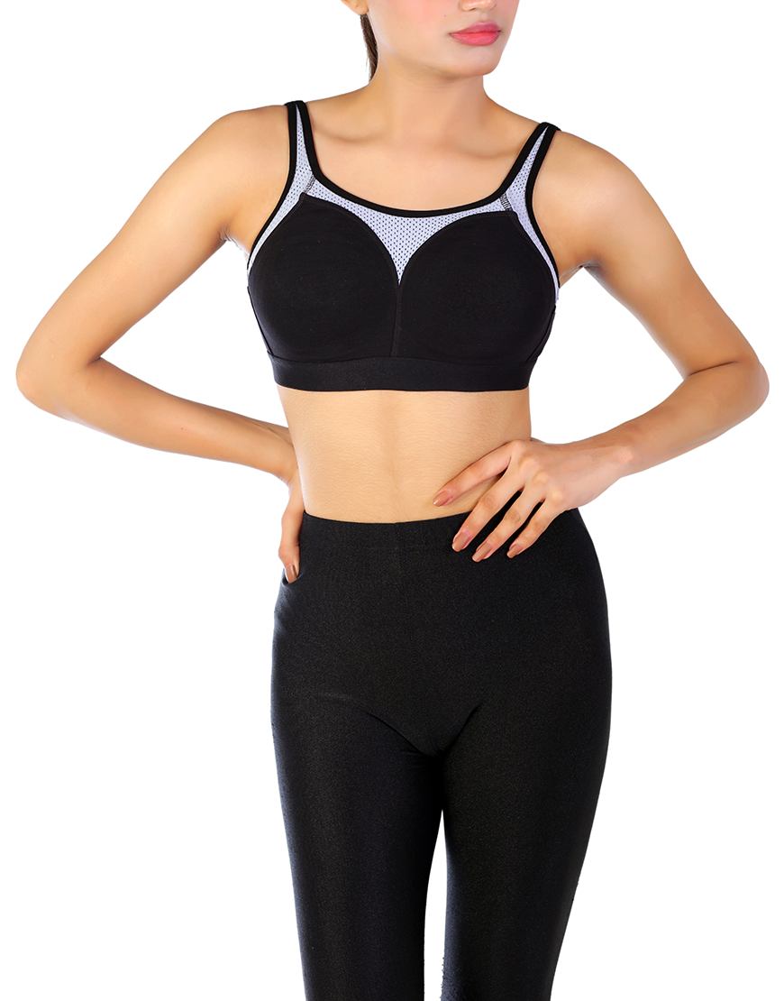 Losha cotton double layered medium to high impact sports bra-Black