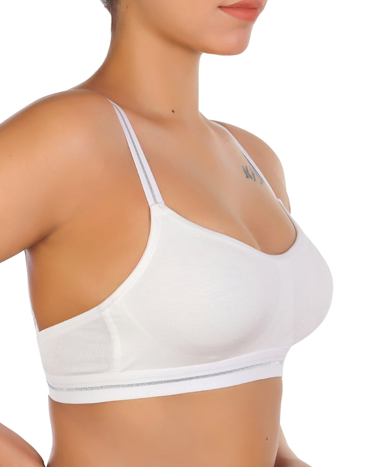 DOUBLE LAYERED COTTON WIREFREE BRA WITH GLITTER ELASTIC WAIST BAND -WHITE