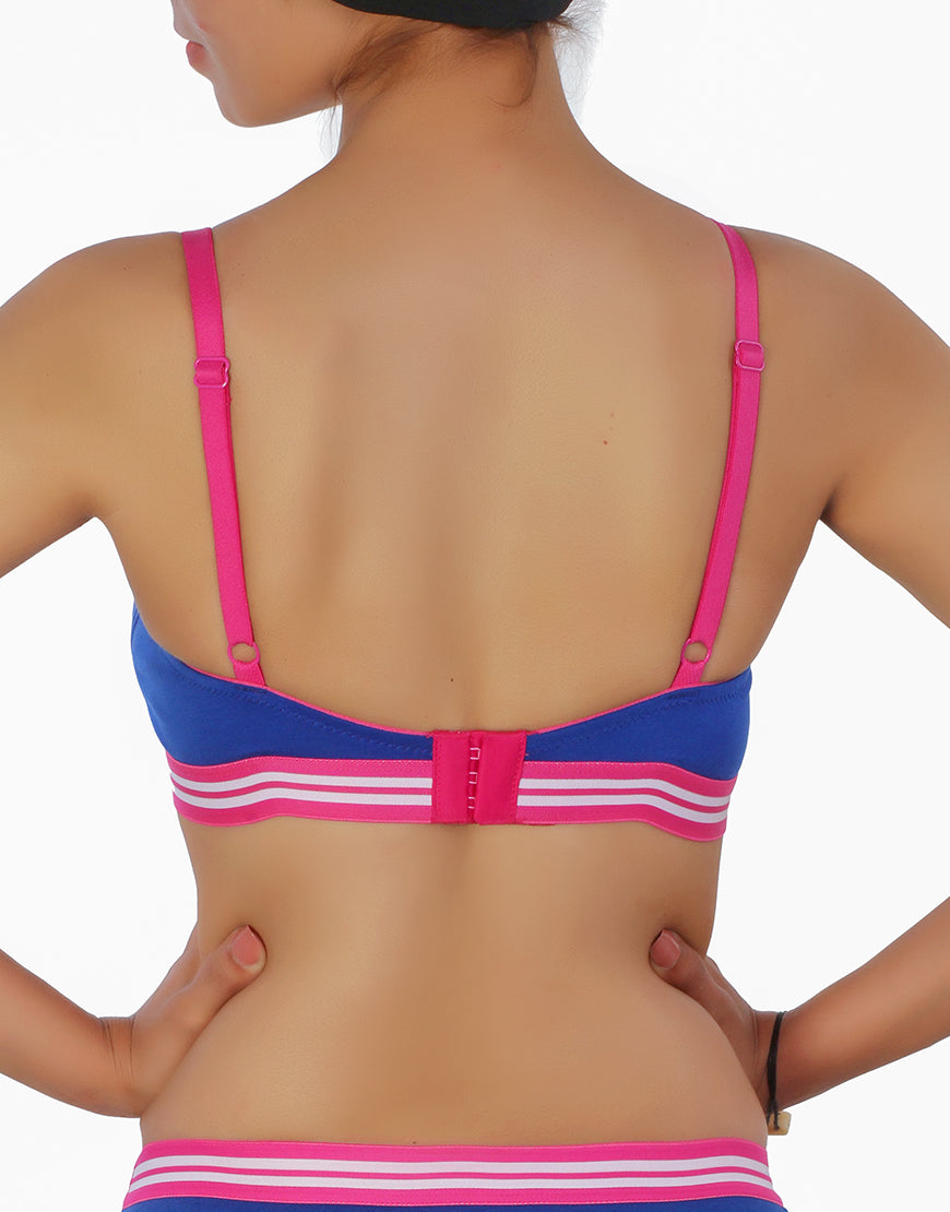 LIGHTLY PADDED NON WIRED TSHIRT BRA WITH STRIPED ELASTIC WAIST BAND-BLUE