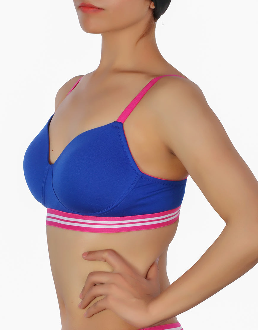 LOSHA LIGHTLY PADDED NON WIRED TSHIRT BRA WITH STRIPED ELASTIC WAIST BAND-BLUE