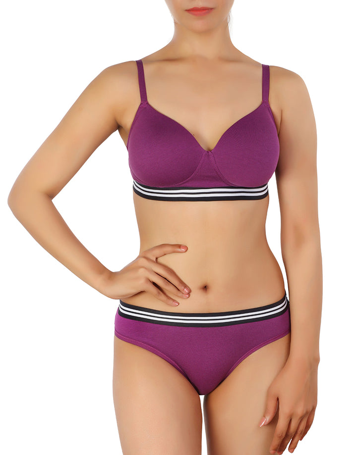 LOSHA LIGHTLY PADDED NON WIRED TSHIRT BRA WITH MATCHING PANTY-PURPLE