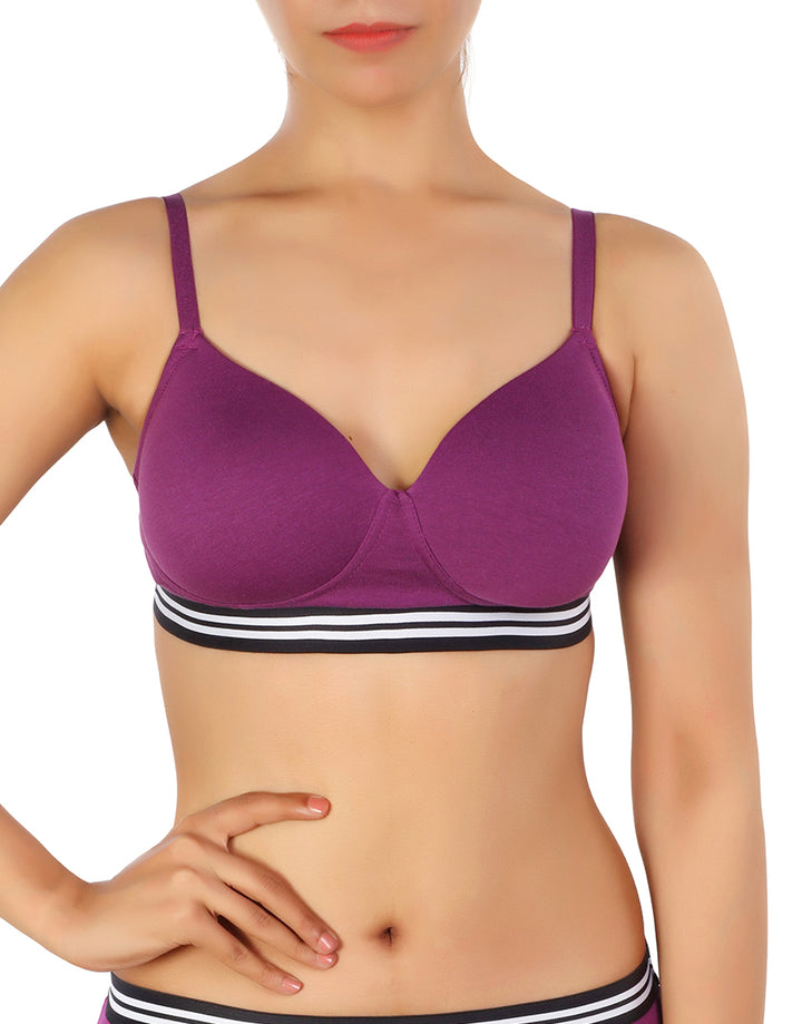 LIGHTLY PADDED NON WIRED TSHIRT BRA WITH STRIPED ELASTIC WAIST BAND-PURPLE