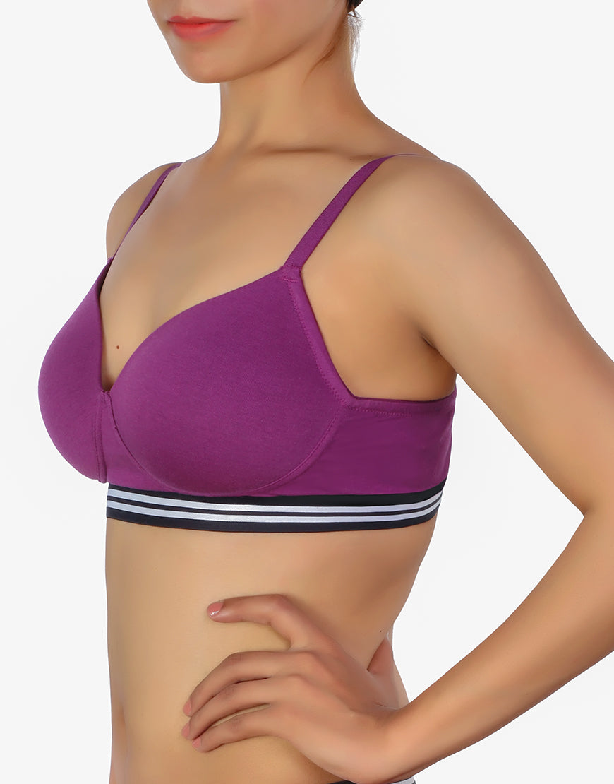 LOSHA LIGHTLY PADDED NON WIRED TSHIRT BRA WITH STRIPED ELASTIC WAIST BAND-PURPLE