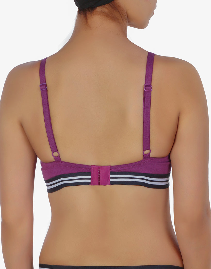 LOSHA LIGHTLY PADDED NON WIRED TSHIRT BRA WITH STRIPED ELASTIC WAIST BAND-PURPLE