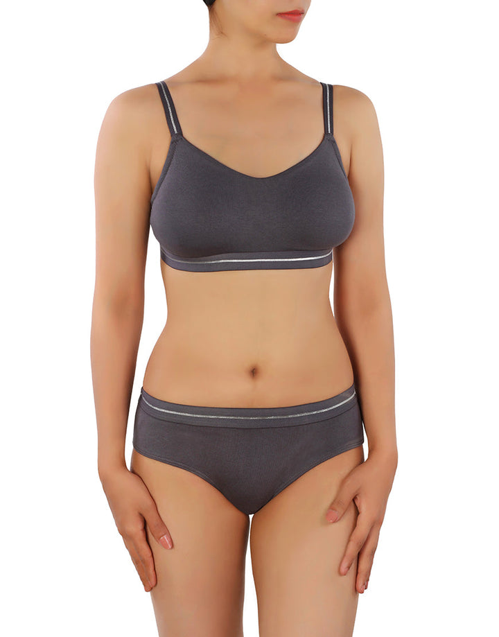 LOSHA DOUBLE LAYERED COTTON WIREFREE BRA WITH MATCHING PANTY -GREY