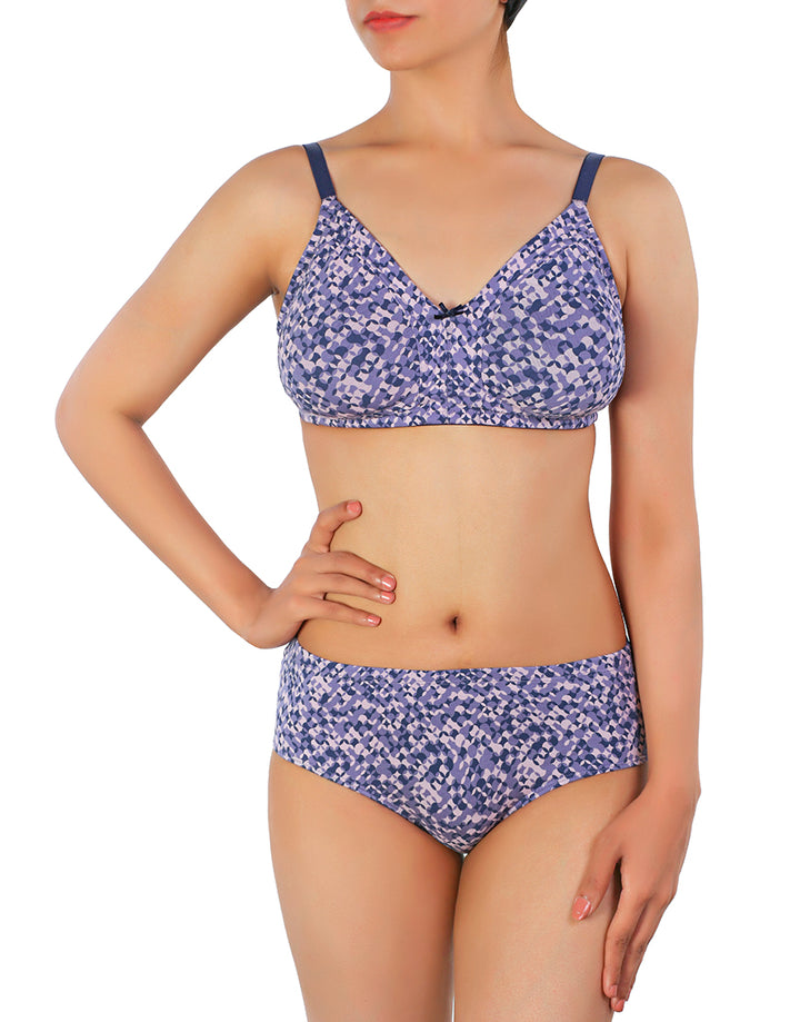 LOSHA DOUBLE LAYERED FULL COVERAGE COTTON WIREFREE BRA WITH MATCHING PANTY-PURPLE PRINT