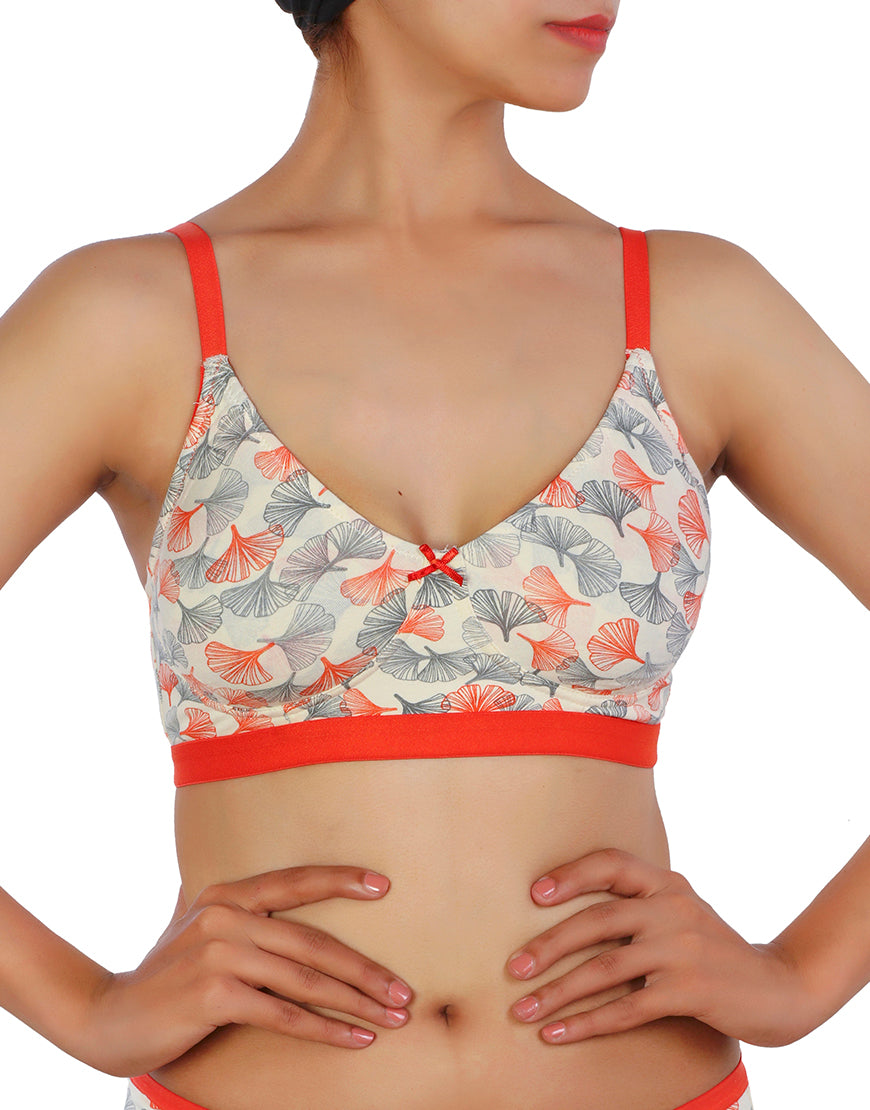 LOSHA DOUBLE LAYERED COTTON WIREFREE BRA PRINTED BRA  -ORANGE