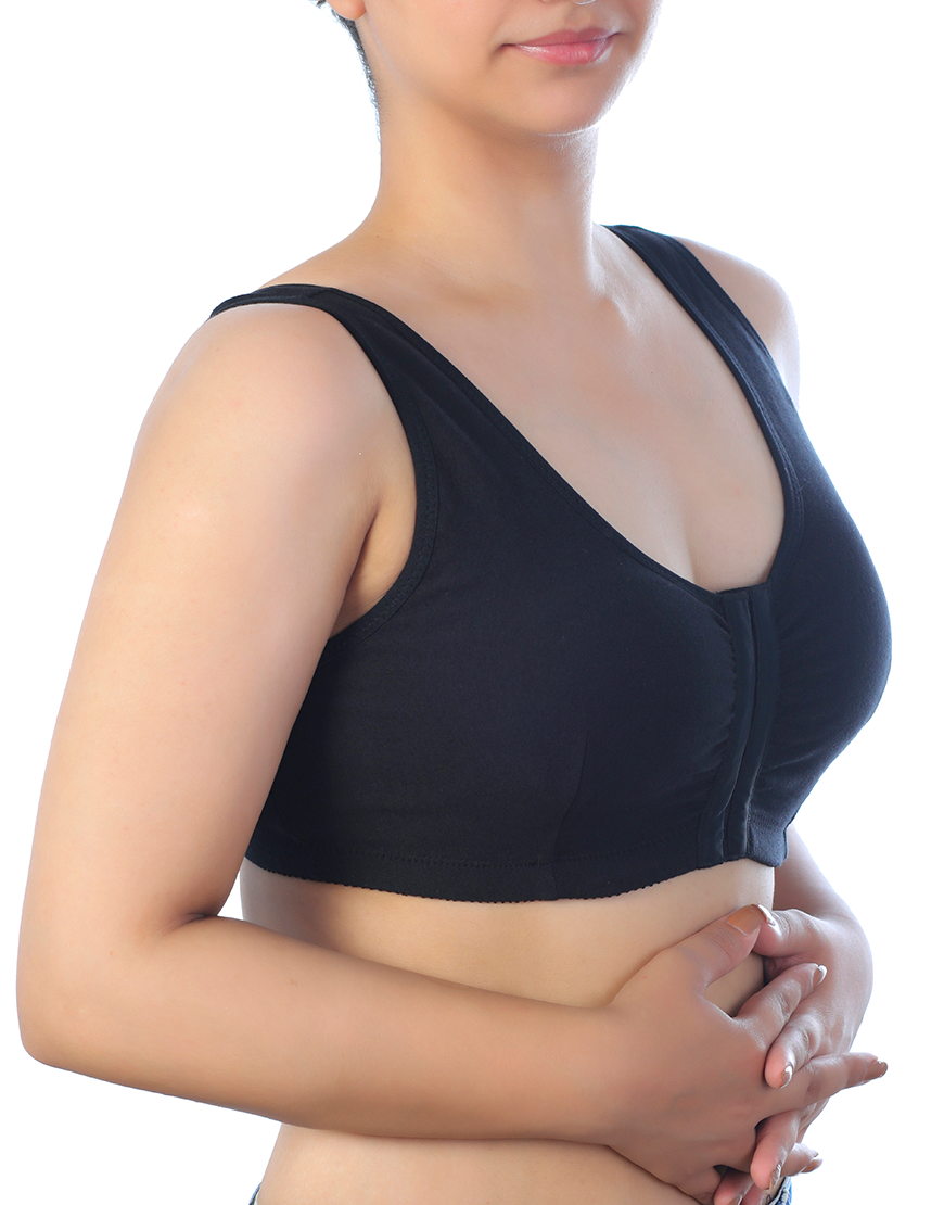 LOSHA COTTON FRONT OPEN SLIP ON POST SURGICAL BRA WITH POCKETS-BLACK