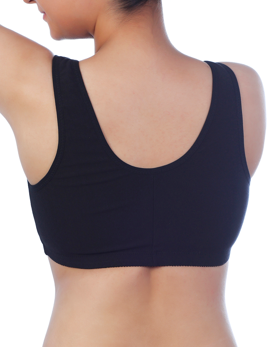 LOSHA COTTON FRONT OPEN SLIP ON POST SURGICAL BRA WITH POCKETS-BLACK