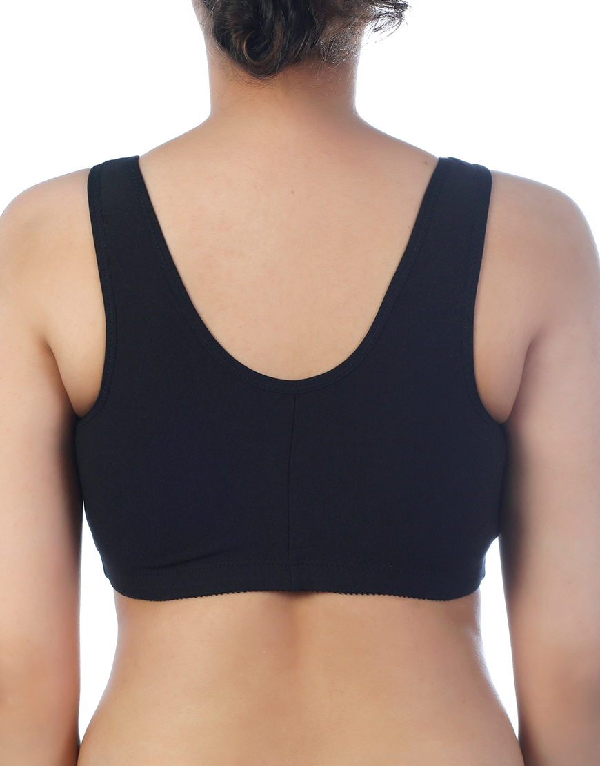 LOSHA COTTON FRONT OPEN SLIP ON POST SURGICAL BRA WITH POCKETS-BLACK