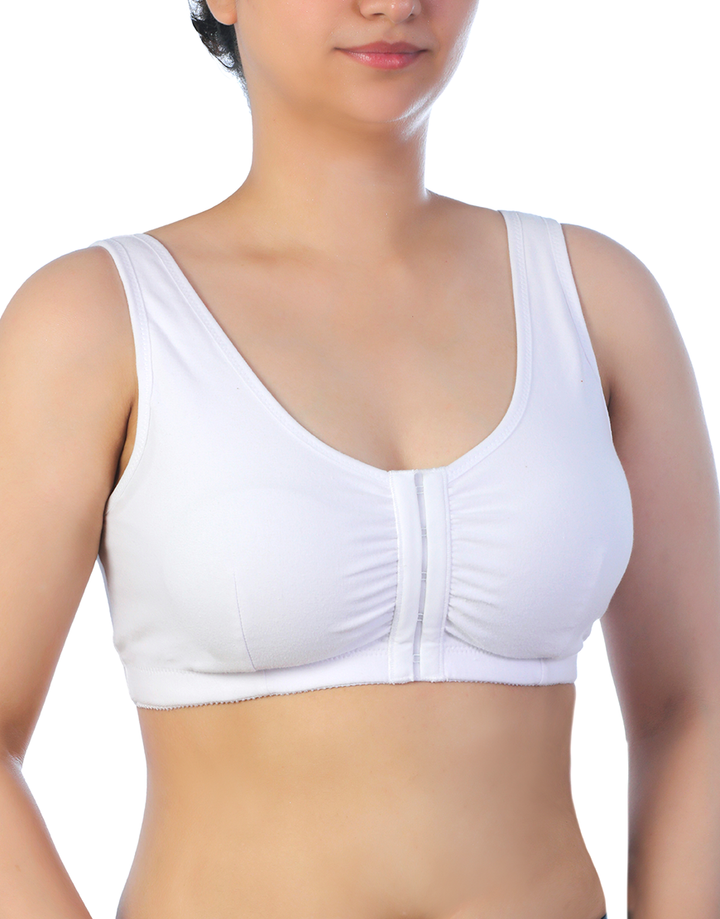 LOSHA COTTON FRONT OPEN SLIP ON POST SURGICAL BRA WITH POCKETS-WHITE