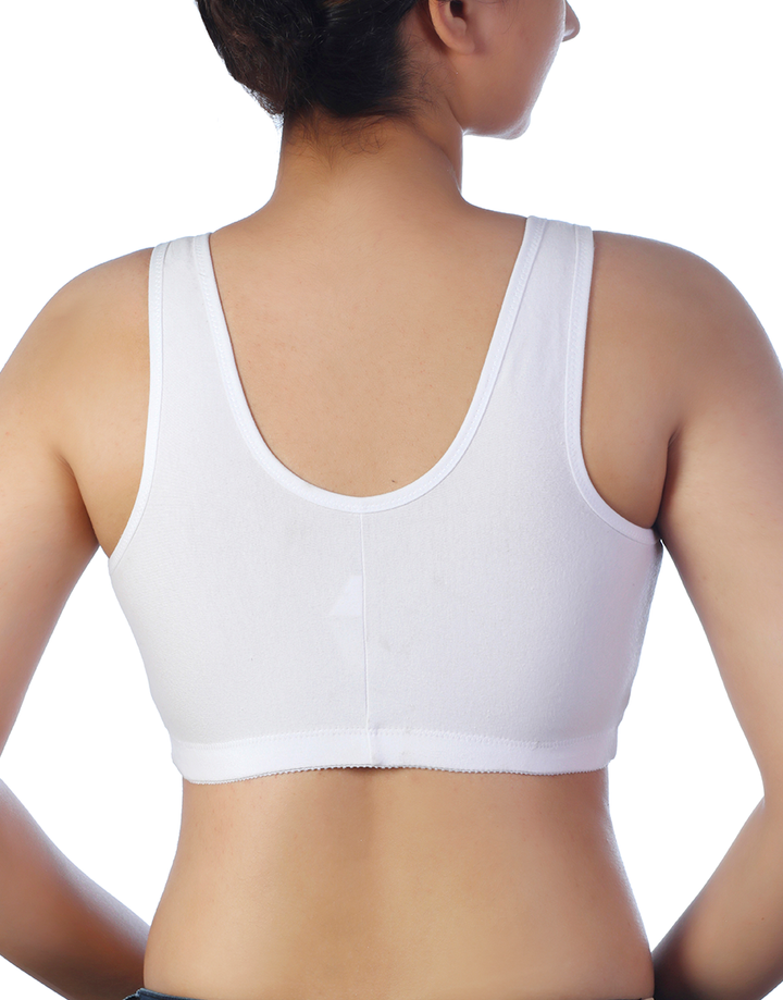 LOSHA COTTON FRONT OPEN SLIP ON POST SURGICAL BRA WITH POCKETS-WHITE