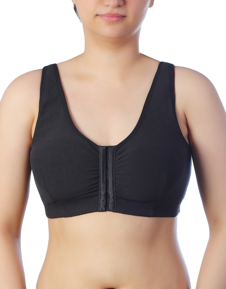 LOSHA COTTON FRONT CLOSURE POST SURGICAL BRA WITH POCKETS-BLACK