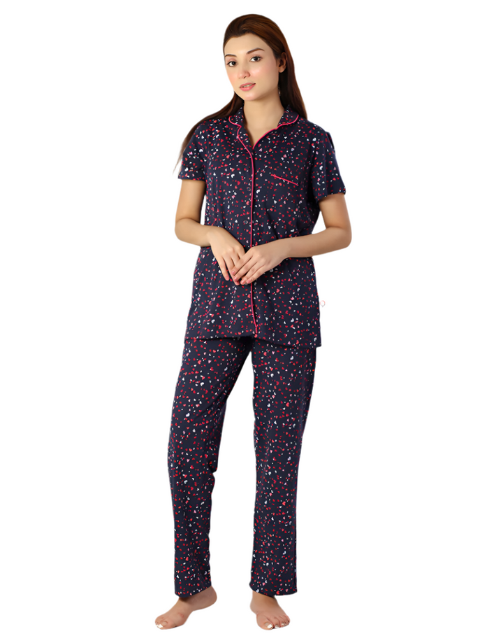 SIESTA COTTON BUTTON DOWN SHIRT & PJ SET- NAVY HEARTS