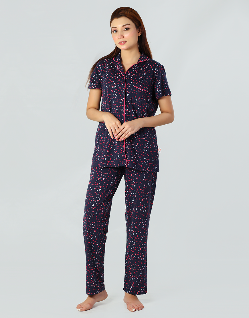 SIESTA COTTON BUTTON DOWN SHIRT & PJ SET- NAVY HEARTS