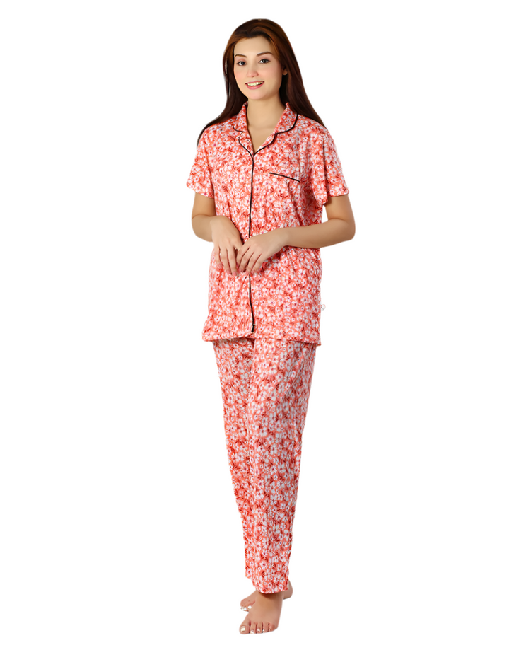 SIESTA COTTON BUTTON DOWN SHIRT & PJ SET- FLORAL PEACH