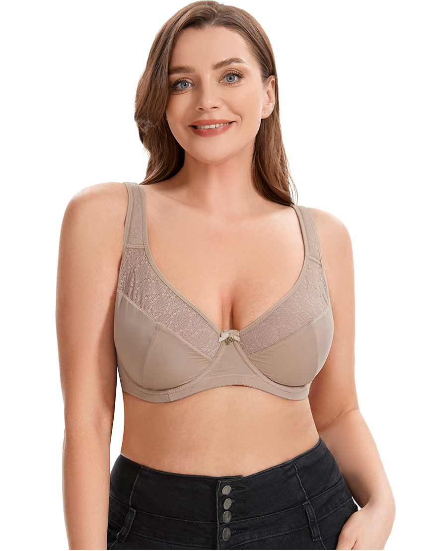 Curvy Double Layered Minimizer Bra with Lace Touch-BEIGE