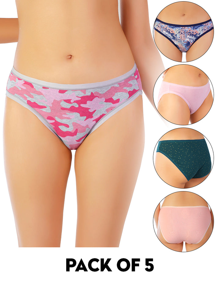 LOSHA PACK OF 5 SUPER SOFT COTTON STRETCH PRINTED BIKINI BRIEFS -ARMY