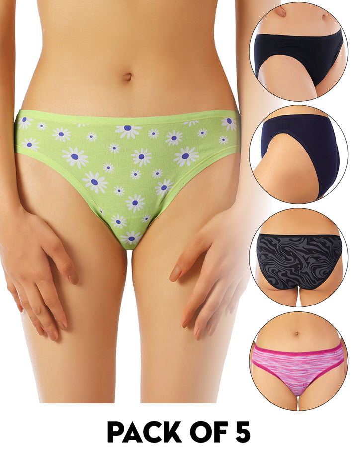 LOSHA PACK OF 5 SUPER SOFT COTTON STRETCH PRINTED BIKINI BRIEFS -DAISY