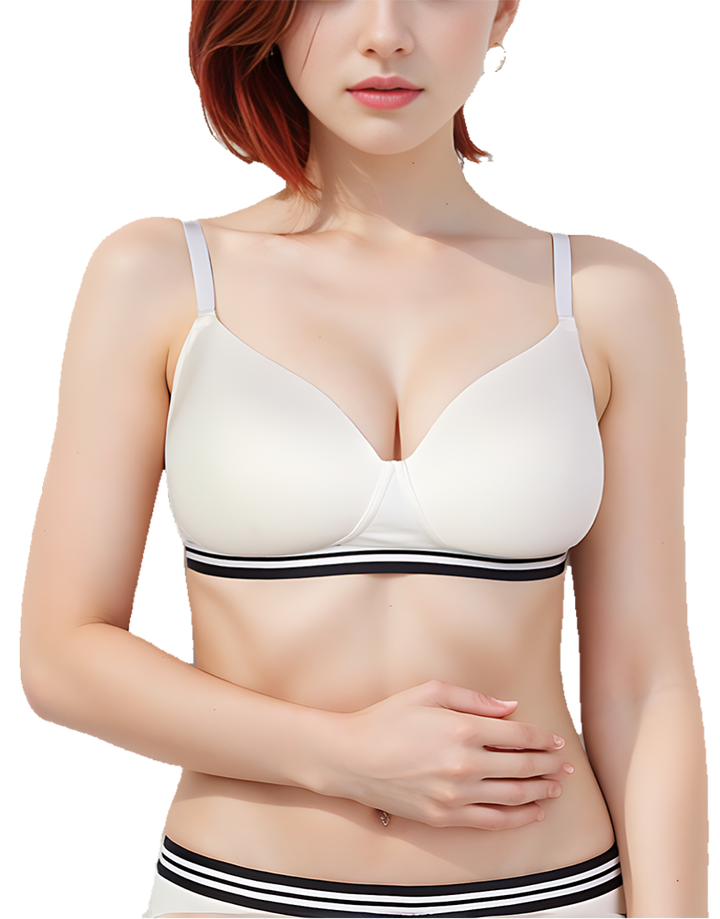 LIGHTLY PADDED NON WIRED TSHIRT BRA WITH STRIPED ELASTIC WAIST BAND-WHITE