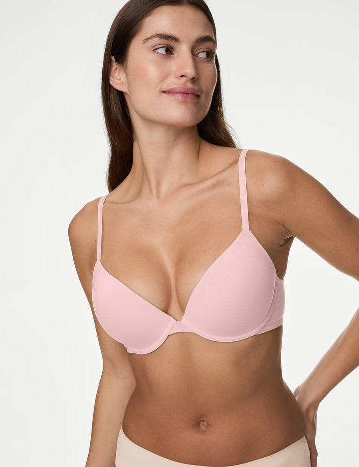 LOSHA DEEP PLUNG LIGHTLY PADDED WIRED COTTON T-SHIRT BRA -SOFT PINK