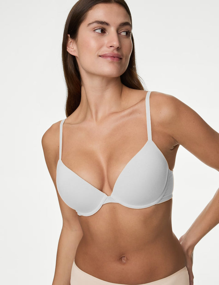 LOSHA DEEP PLUNG LIGHTLY PADDED WIRED COTTON T-SHIRT BRA -WHITE