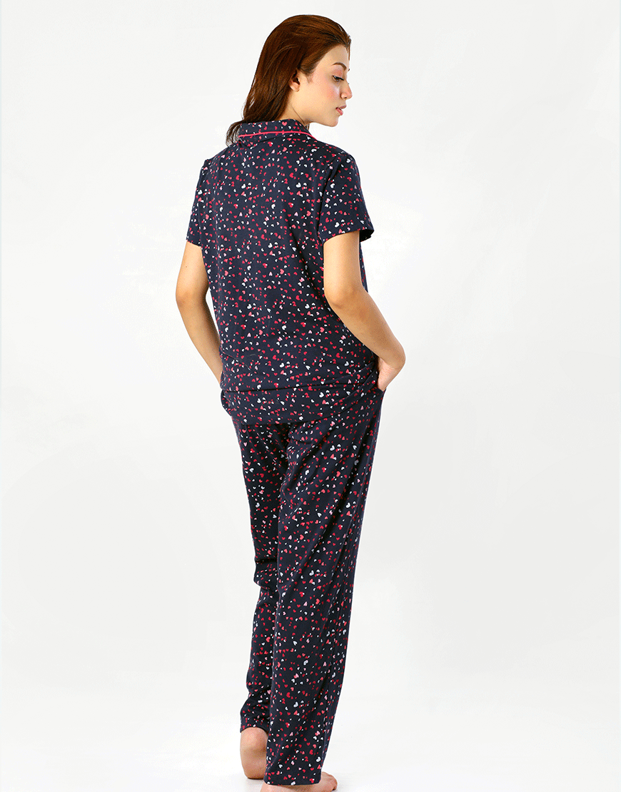 SIESTA COTTON BUTTON DOWN SHIRT & PJ SET- NAVY HEARTS