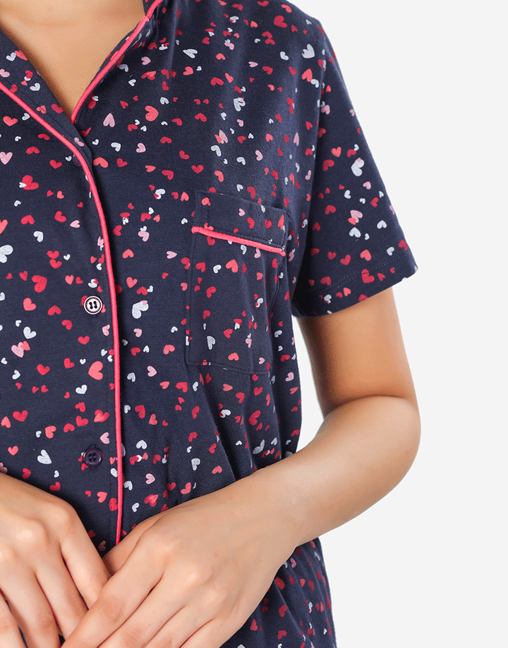 SIESTA COTTON BUTTON DOWN SHIRT & PJ SET- NAVY HEARTS