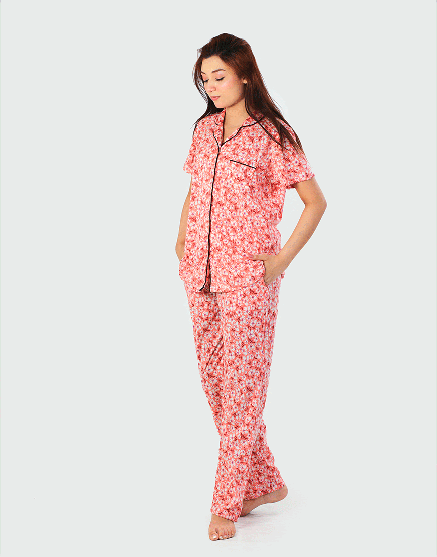 SIESTA COTTON BUTTON DOWN SHIRT & PJ SET- FLORAL PEACH