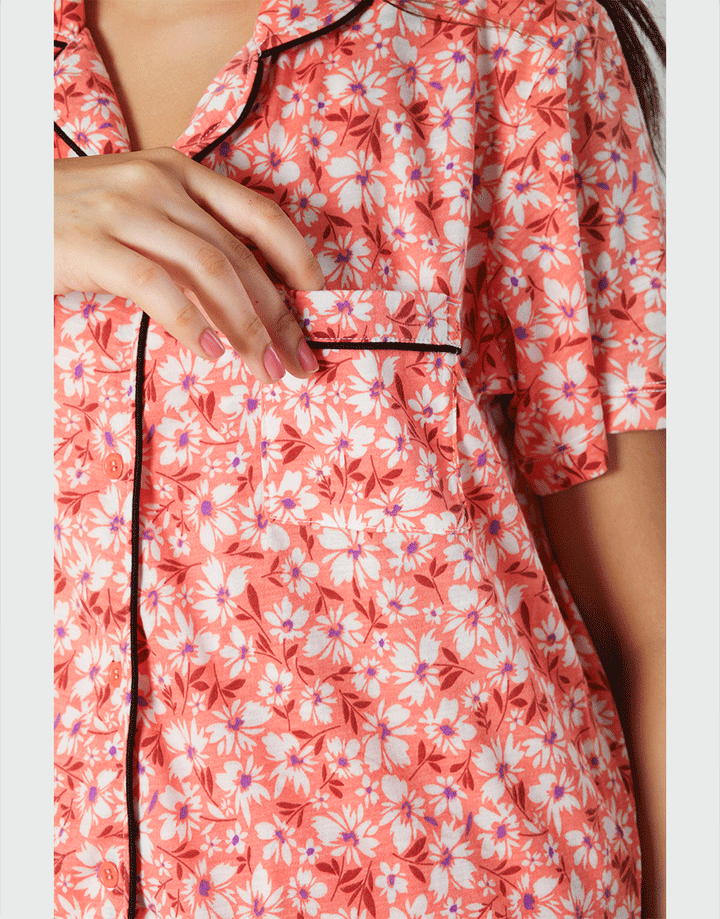 SIESTA COTTON BUTTON DOWN SHIRT & PJ SET- FLORAL PEACH