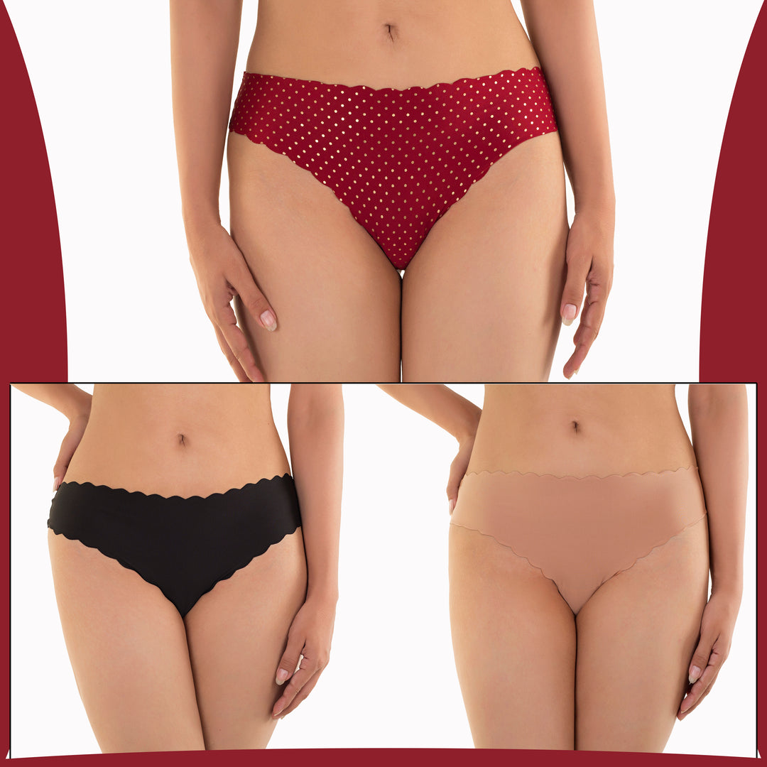 PACK 0F 3  LASER CUT THONGS – MAROON/SKIN/BLACK