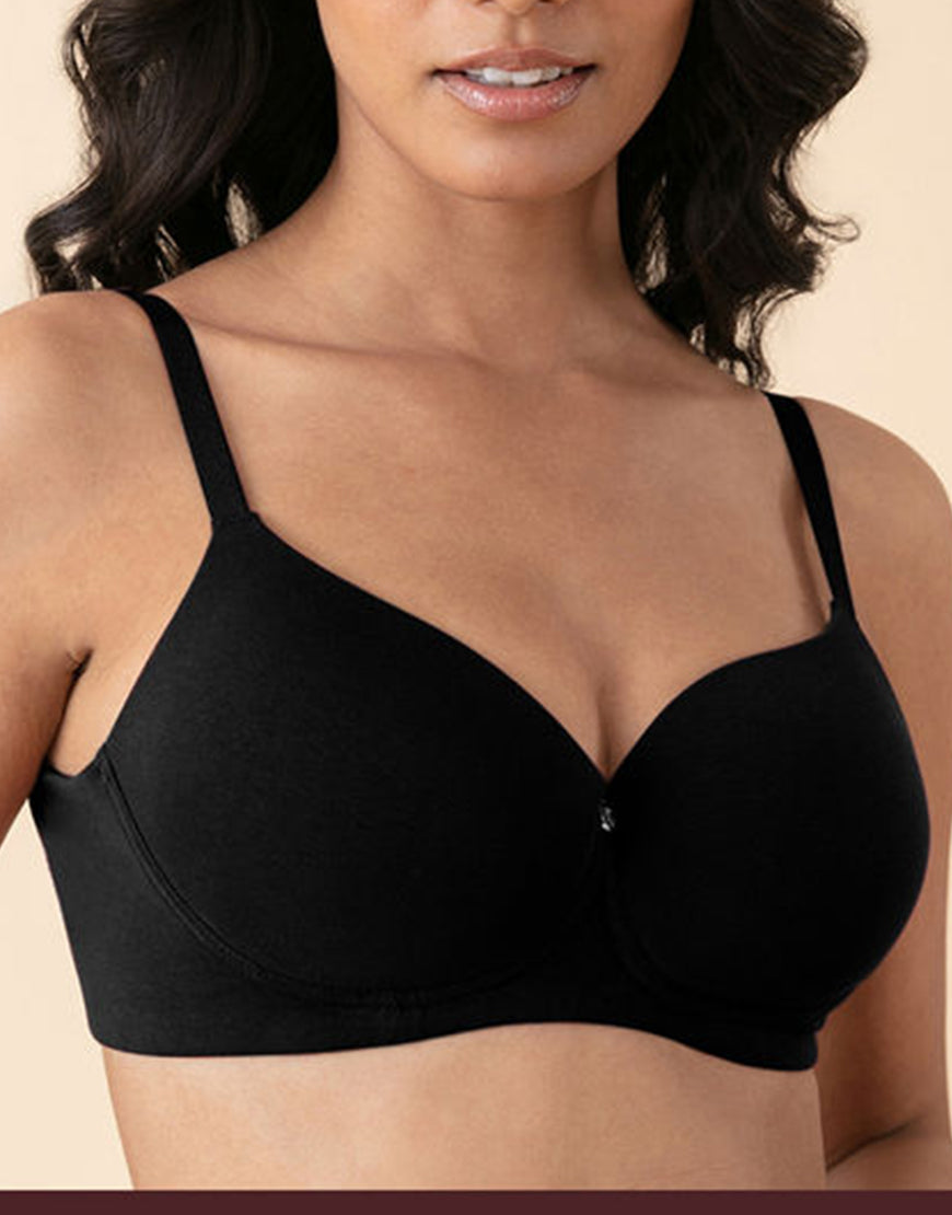 LOSHA SIDE SMOOTHING BIO WASHED ANTI BACTERIAL COTTON WIRELESS T-SHIRT BRA-BLACK