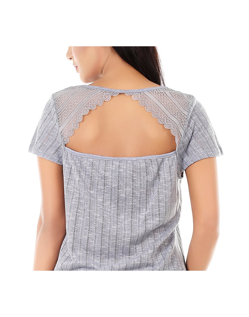 TAHARI POINTELLE KNIT SHORT SLEEVE SLEEP SHIRT-GREY