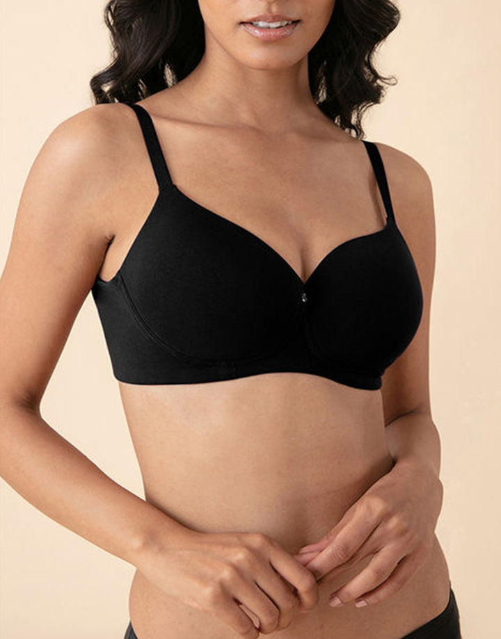 LOSHA SIDE SMOOTHING BIO WASHED ANTI BACTERIAL COTTON WIRELESS T-SHIRT BRA-BLACK