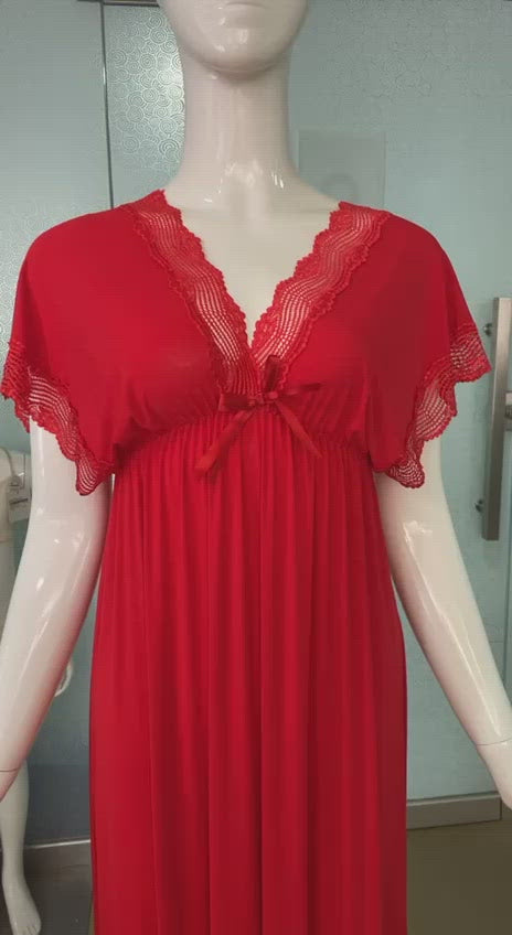 LOSHA LACE TRIM LONG NIGHTY WITH ELASTIC UNDER BUST-RED