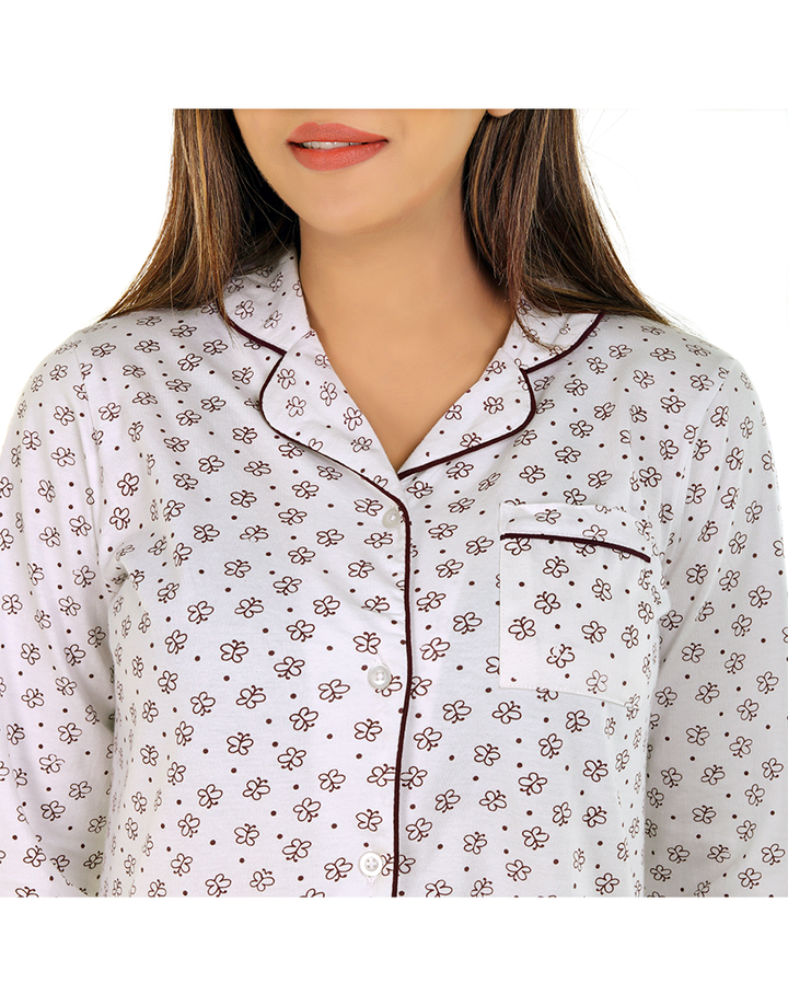 SIESTA COTTON BUTTON DOWN SHIRT & PJ SET-WHITE BUTTERFLIES