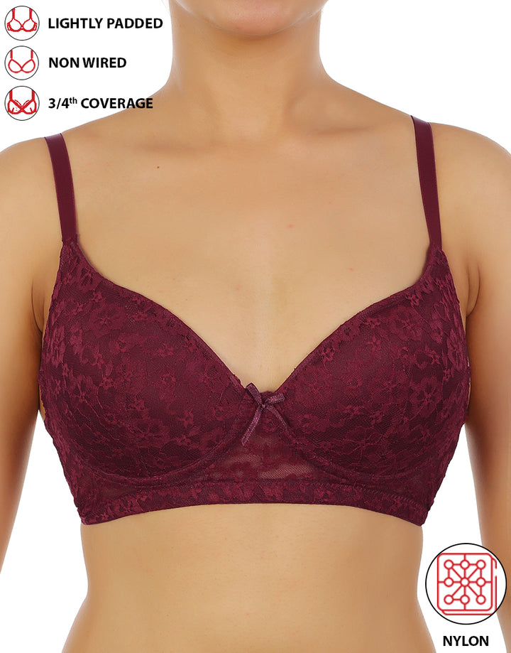 LOSHA LIGHTLY PADDED WIRE-FREE 3/4TH COVERAGE ALL OVER LACE BRA- FIG