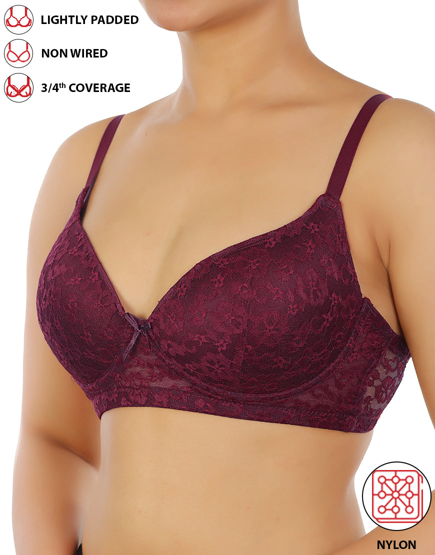 LOSHA LIGHTLY PADDED WIRE-FREE 3/4TH COVERAGE ALL OVER LACE BRA- FIG