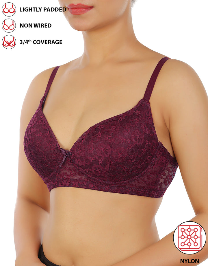 LOSHA LIGHTLY PADDED WIRE-FREE 3/4TH COVERAGE ALL OVER LACE BRA- FIG