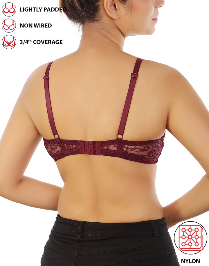 LOSHA LIGHTLY PADDED WIRE-FREE 3/4TH COVERAGE ALL OVER LACE BRA- FIG