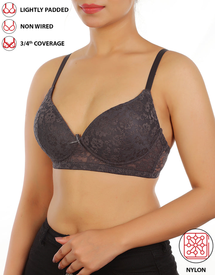 LOSHA LIGHTLY PADDED WIRE-FREE 3/4TH COVERAGE ALL OVER LACE BRA- FORGGED IRON