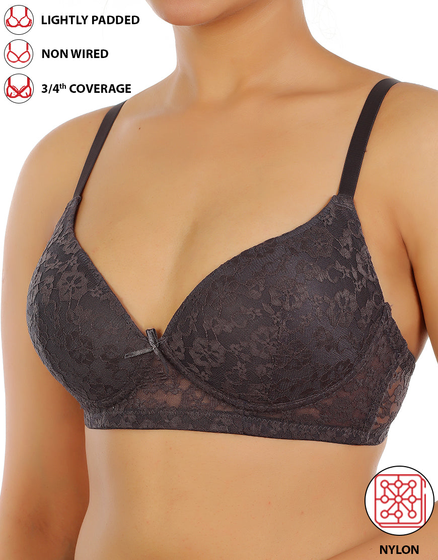 LOSHA LIGHTLY PADDED WIRE-FREE 3/4TH COVERAGE ALL OVER LACE BRA- FORGGED IRON